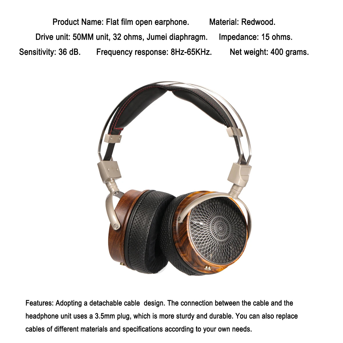 Kun-005 Wooden Bowl Wooden Earphones 50mm Unit Open Headphones Huali Wood  Dual Dynamic Drive Unit Hifi  Monitor Wired headset