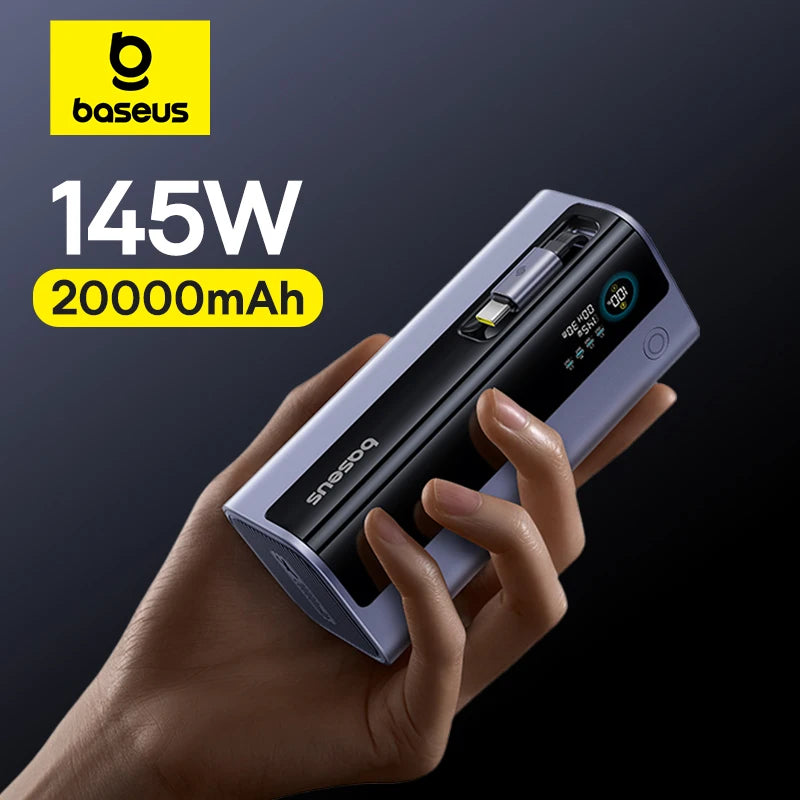 Baseus 145W Power Bank 20000mAh Built-In 100W Retractable Type C Cable Fast Charge Portable External Battery Charger PowerBank